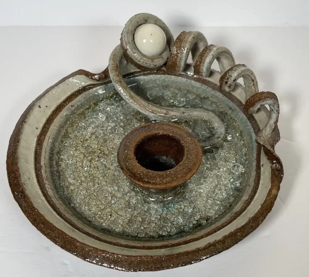 Art Studio Pottery Signed Objet d'art Hand Crafted Stoneware Candlestick Holder
